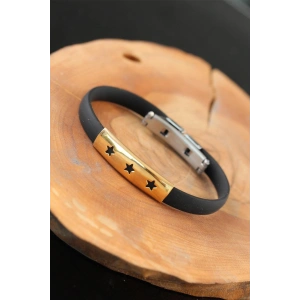 Mey İthalat® Gold Renk Çelik Yıldızlı Tasarım Siyah Renk Silikon Erkek Bileklik