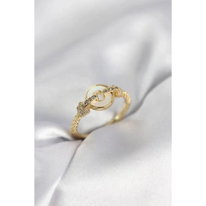 Mey İthalat® Gold Renk Daire Form Sedef ve Zirkon Taşlı Kadın Yüzük