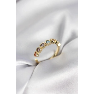 Mey İthalat® Gold Renk Kalp Model Renkli Zirkon Taşlı Kadın Yüzük