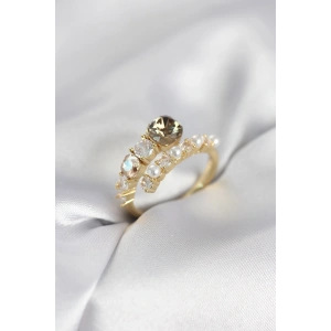 Mey İthalat® Gold Renk Pirinç Zirkon Taşlı İncili Kadın Yüzük