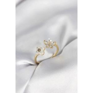 Mey İthalat® Gold Renk Sedefli Çiçek Model Kadın Yüzük