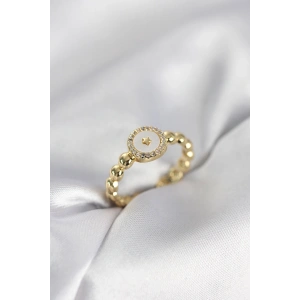 Mey İthalat® Gold Renk Sedefli Yıldız Model Zirkon Taşlı Kadın Yüzük