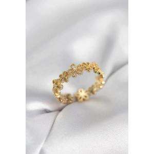 Mey İthalat® Gold Renk Sıralı Çiçek Model Zirkon Taşlı Kadın Yüzük