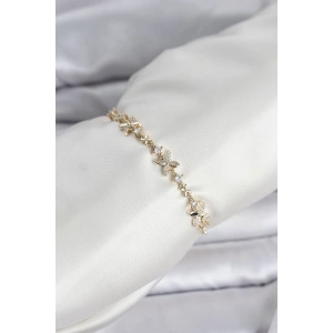 Mey İthalat® Gold Renk Yonca Model Zirkon Taşlı Asansörlü Kadın Bileklik