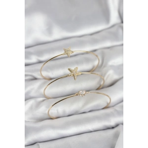 Mey İthalat® Gold Renk Zirkon Taşlı Deniz Yıldızı Model 3lü Kadın Bileklik Kombini