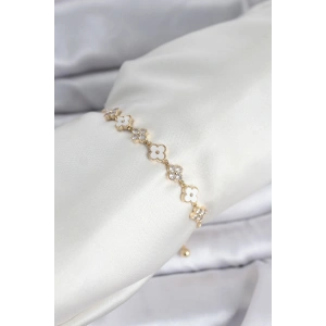 Mey İthalat® Gold Renk Zirkon Taşlı Sıralı Yonca Model Asansörlü Kadın Bileklik