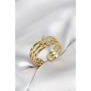 Mey İthalat® Gold Renk Zirkon Taşlı Yonca Model Kadın Yüzük