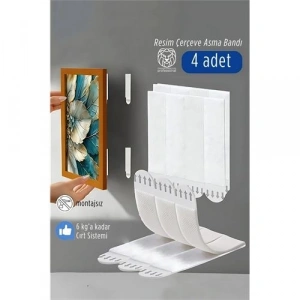 Mey İthalat® Güçlü Resim Çerçeve Asma Bandı 4lü Set - 6Kg Taşıma Kapasiteli Duvar Delmeyen Cırt Sistemi