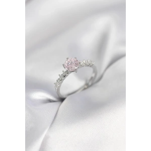 Mey İthalat® Gümüş Renk Pembe Tek Taş Model Zirkon Taşlı Kadın Yüzük