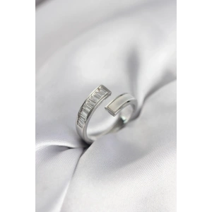 Mey İthalat® Gümüş Renk Sedefli Baget Zirkon Taşlı Kadın Yüzük