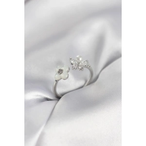 Mey İthalat® Gümüş Renk Sedefli Çiçek Model Kadın Yüzük