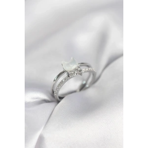 Mey İthalat® Gümüş Renk Sedefli Kedi Model Fiyonklu Zirkon Taşlı Kadın Yüzük