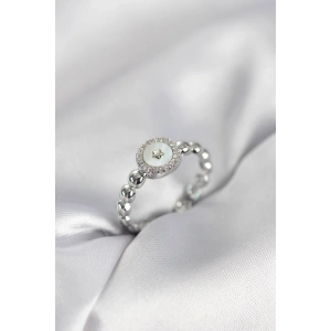 Mey İthalat® Gümüş Renk Sedefli Yıldız Model Zirkon Taşlı Kadın Yüzük