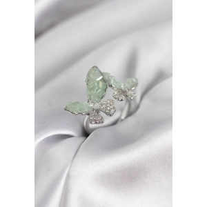 Mey İthalat® Gümüş Renk Su Yeşili Kelebek Model Zirkon Taşlı Kadın Yüzük