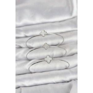 Mey İthalat® Gümüş Renk Yonca Model Zirkon Taşlı 3lü Kadın Bileklik Kombini