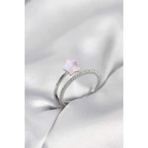 Mey İthalat® Gümüş Renk Zirkon Taşlı Pembe Halley Model Kadın Yüzük