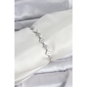 Mey İthalat® Gümüş Renk Zirkon Taşlı Sıralı Yonca Model Asansörlü Kadın Bileklik