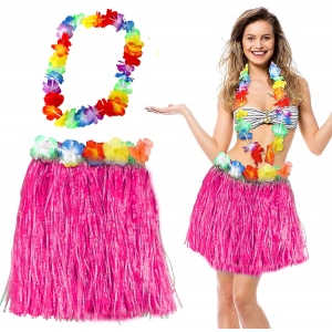 Mey İthalat® Hawaii Luau Aloha Pembe Püsküllü 40 cm Etek ve Hawaii Kolye Seti