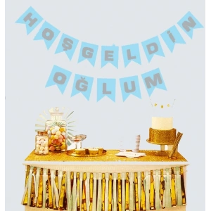 Mey İthalat® Hoşgeldin Oğlum Mavi Üzeri Gümüş Yeni Doğan Bebek Doğum Süsü Afiş Bayrak Flama 2.2 Metre