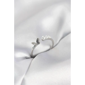 Mey İthalat® İncili Kelebek Model Gümüş Renk Pirinç Kadın Yüzük