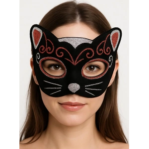 Mey İthalat® Kadife Dokulu Sim Detaylı Işıltılı Kedi Maskesi Kırmızı Gümüş 20x13 cm