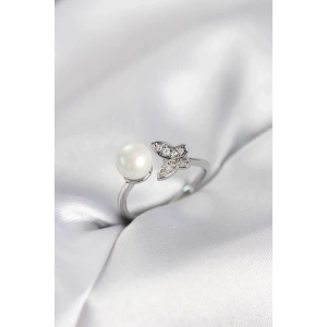 Mey İthalat® Kelebek İncili Model Gümüş Renk Zirkon Taşlı Kadın Yüzük