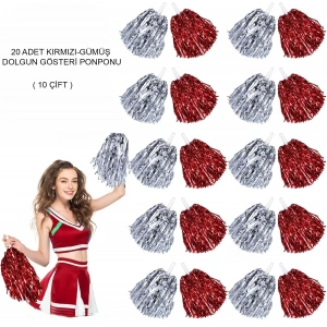 Mey İthalat® Kırmızı Gümüş Metalik Dolgun Gösteri Ponponu 20 Adet (10 Çift)