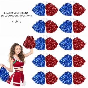 Mey İthalat® Kırmızı Mavi Metalik Dolgun Gösteri Ponponu 20 Adet (10 Çift)