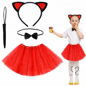 Mey İthalat® Kırmızı Renk Etekli Kedi Kostüm Seti (Tütü, Taç, Papyon, Kuyruk)