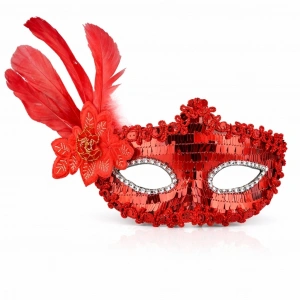 Mey İthalat® Kırmızı Tüylü Payetli Lüks Taşlı Parti Maskesi
