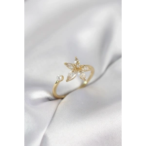 Mey İthalat® Lotus Model Zirkon Taşlı Gold Renk Kadın Yüzük