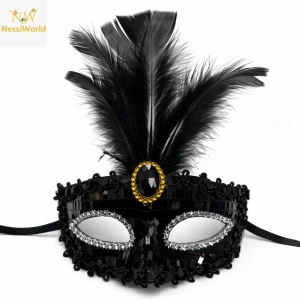 Mey İthalat® Lüks Siyah Tüylü Taşlı Balo Maskesi