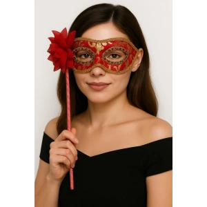 Mey İthalat® Lüks Taşlı Saplı Maskeli Balo Maskesi Kırmızı Renk 35 cm