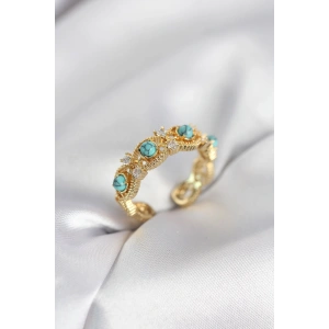 Mey İthalat® Mavi Taşlı Gold Renk Vintage Kadın Yüzük