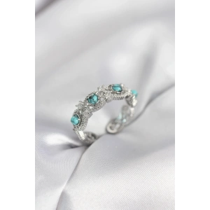 Mey İthalat® Mavi Taşlı Gümüş Renk Vintage Kadın Yüzük