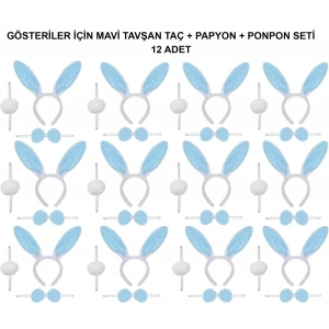 Mey İthalat® Mavi Tavşan Kostüm Seti – Taç, Papyon, Ponpon (12’li Paket)