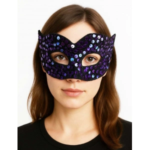 Mey İthalat® Mor Renk Arkadan Lastikli Pul Payet İşlemeli Balo After Parti Maskesi
