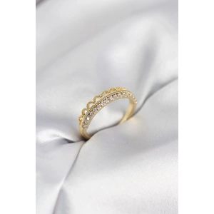 Mey İthalat® Motif Desenli Gold Renk Zirkon Taşlı Kadın Yüzük