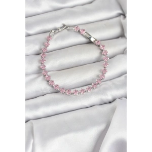 Mey İthalat® Pembe Kare Zirkon Taşlı Gümüş Renk Pirinç Su Yolu Kadın Bileklik