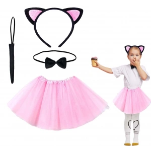 Mey İthalat® Pembe Renk Etekli Kedi Kostüm Seti (Tütü, Taç, Papyon, Kuyruk)