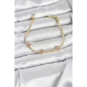 Mey İthalat® Pembe Yonca Detaylı Zirkon Taşlı Gold Renk Pirinç Su Yolu Kadın Bileklik