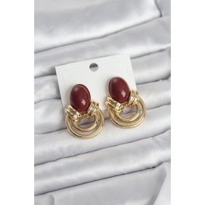 Mey İthalat® Pirinç Gold Renk Bordo Taşlı Vintage Kadın Küpe