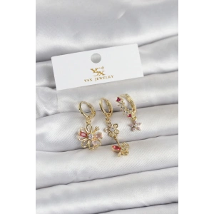 Mey İthalat® Pirinç Gold Renk Çiçek Model 3lü Kadın Küpe