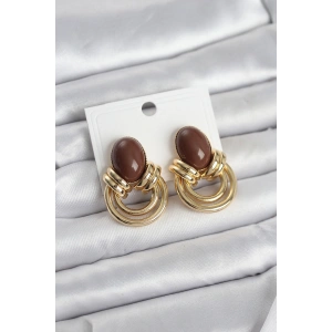 Mey İthalat® Pirinç Gold Renk Kahverengi Taşlı Vintage Kadın Küpe