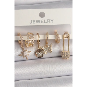 Mey İthalat® Pirinç Gold Renk Zirkon Sallantı Zirkon Taşlı İnci Detay Kelebek Figür Kadın Küpe Seti