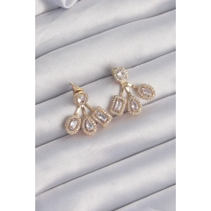 Mey İthalat® Pirinç Gold Renk Zirkon Taşlı Geometrik Model Küpe