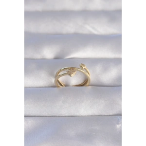 Mey İthalat® Pirinç Gold Renk Zirkon Taşlı Kalpli Model Ayarlanabilir Yüzük