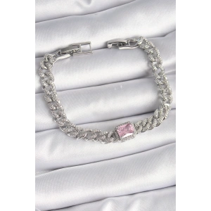 Mey İthalat® Pirinç Gümüş Renk Pembe Kare Zirkon Taşlı VIP Seri Kadın Bileklik