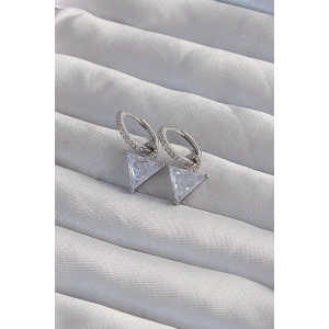 Mey İthalat® Pirinç Gümüş Renk Üçgen Zirkon Taşlı Sallantılı Halka Küpe