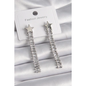 Mey İthalat® Pirinç Gümüş Renk Yıldız Model Su Yolu Zirkon Taş Kadın Küpe